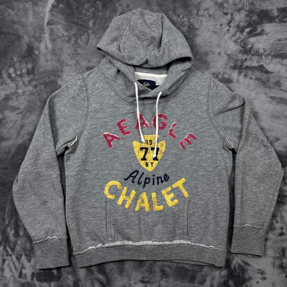 American Eagle Hoodie Mens XL Gray Alpine Chalet Graphic Distressed Pullover